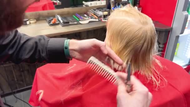 Homme coiffeur couper les cheveux des petits garçons en utilisant peigne et ciseaux. Un enfant qui se fait couper les cheveux par un homme adulte, probablement un coiffeur. Coiffeur professionnel et client mignon au salon de coiffure moderne. - Séquence, vidéo