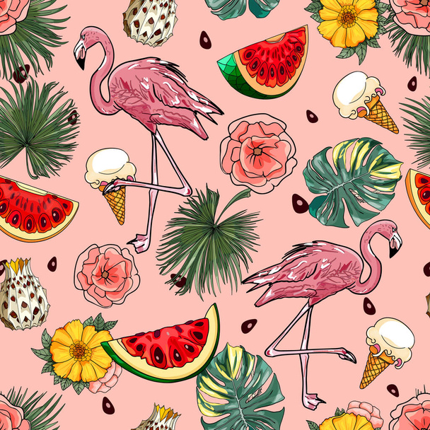 エキゾチックな鳥や果物の熱帯パターン. パラダイスフラワー。 こんにちは 夏。 織物,生地,スポーツウェア,デザイナーのためのブランクに印刷するための印刷物 - ベクター画像