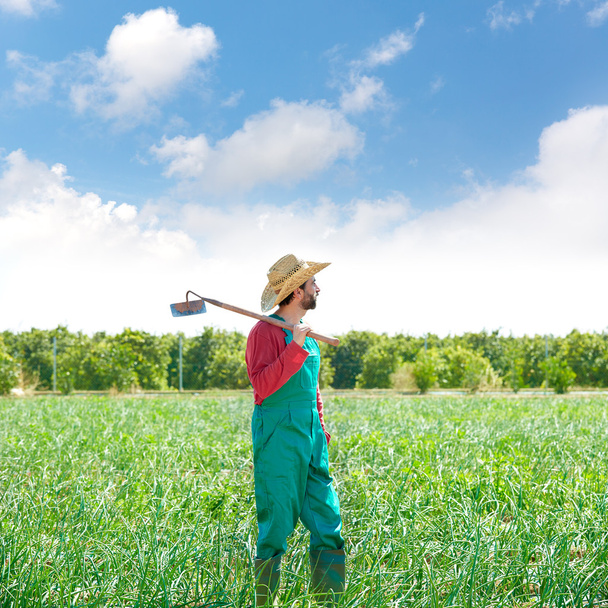 Farmer man with hoe looking at his field - 写真・画像