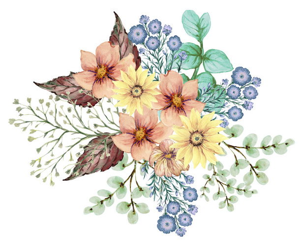 Akvarell elemek vadvirágok, gyógynövények. Csokor, rét, ágak gyűjteménye. Elszigetelt elem illusztráció fehér háttérrel. Növényekről. - Fotó, kép