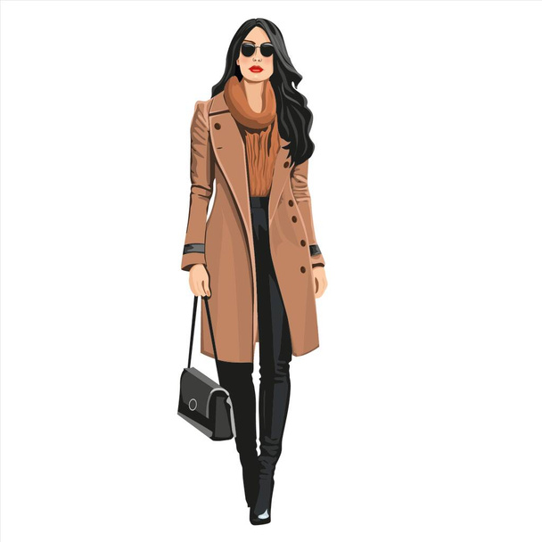 Belle illustration vectorielle lumineuse d'une fille modèle brune en manteau, jeans, sac, lunettes de soleil - Vecteur, image