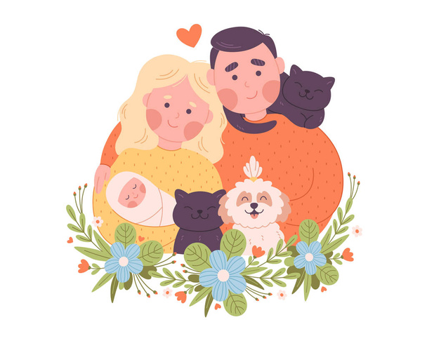  Retrato de familia feliz con niño, gatos y perro. Día Mundial de la Familia. Ilustración vectorial en estilo plano - Vector, Imagen