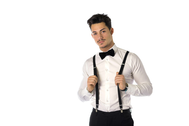 Elegant young man with business suit, suspenders - Foto, imagen