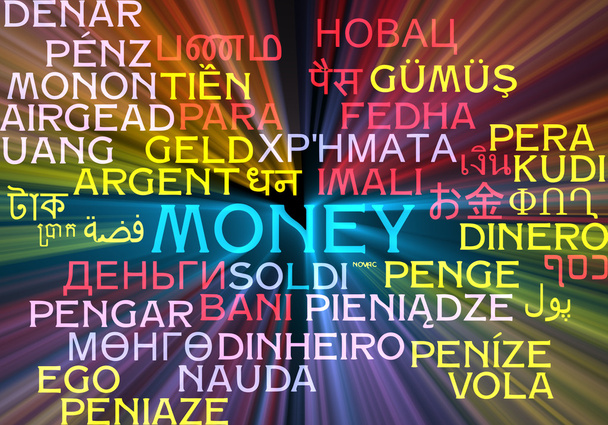 pénz többnyelvű wordcloud háttér koncepció izzó - Fotó, kép