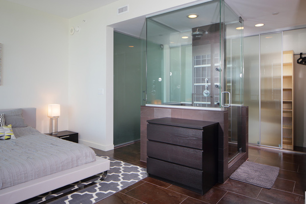 Douche moderne adjacente à la chambre
 - Photo, image