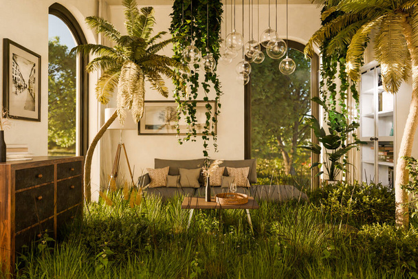 loft apartment with jungle palmtree environment growing indoor; augmented reality concept; realistic immersive nature experience; bright daylight; 3D rendering - 写真・画像