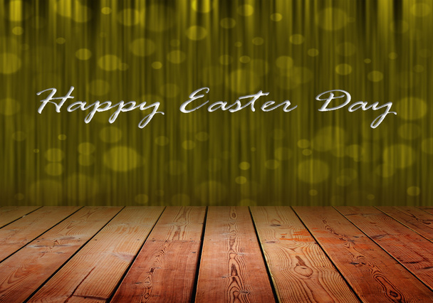 Happy Easter Dau em fundo de cortina de palco de ouro e piso de madeira
 - Foto, Imagem