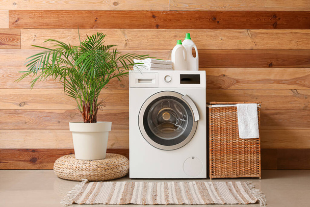 Interno della camera con lavatrice, palmo e cesto della lavanderia - Foto, immagini