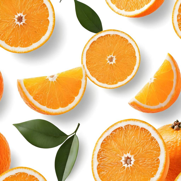 Una naranja madura y vibrante destaca con una hoja verde fresca unida, descansando junto a dos jugosos segmentos que han sido cuidadosamente cortados en rodajas y dispuestos en una superficie limpia y blanca. - Foto, imagen