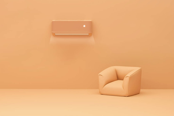 Klimatyzator i fotel na pastelowym pomarańczowym tle. Koncepcja klimatyzatora. Chłodny i zimny system kontroli klimatu. Koncepcja minimalizmu na brzoskwiniowym tle - Zdjęcie, obraz