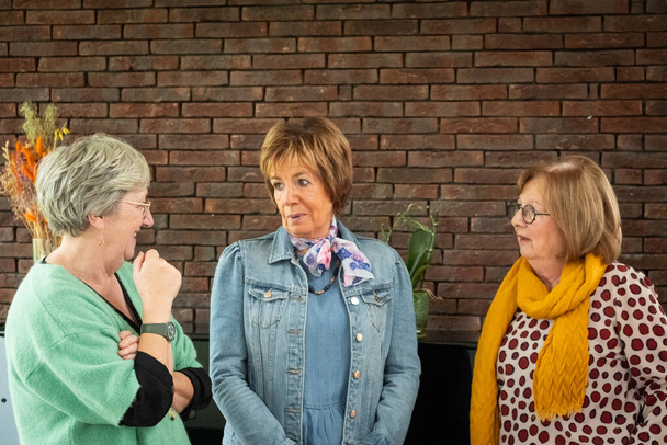 Ezen a képen három idős hölgyet fognak el egy beszélgetős pillanatban. A baloldali nő, szemüveggel és zöld pulóverrel, figyelmesen gesztikulál, miközben beszél. A központi figura - Fotó, kép
