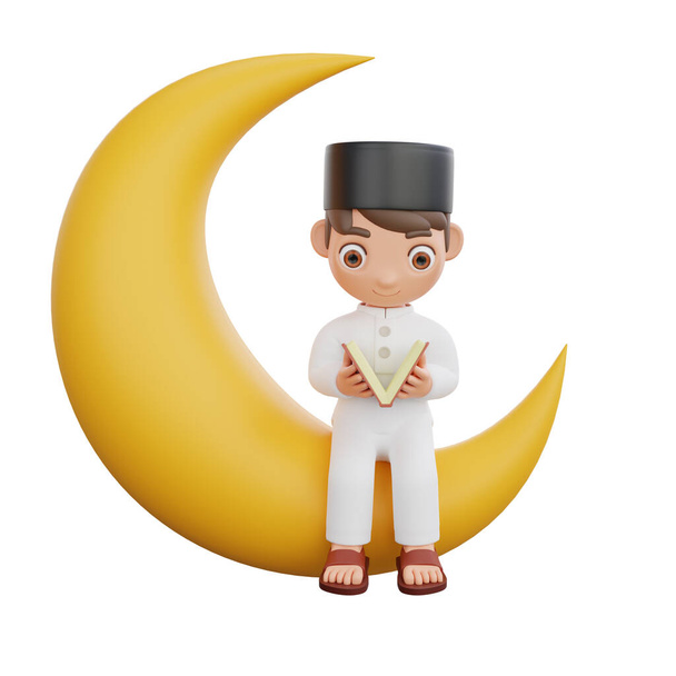 3D Illustration of Muslim character reading the Quran while sitting on a glowing crescent moon, perfect for Ramadan kareem themed projects - Photo, Image