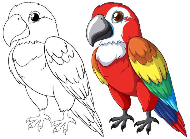 Illustrazione di un pappagallo vibrante accanto al suo schizzo. - Vettoriali, immagini