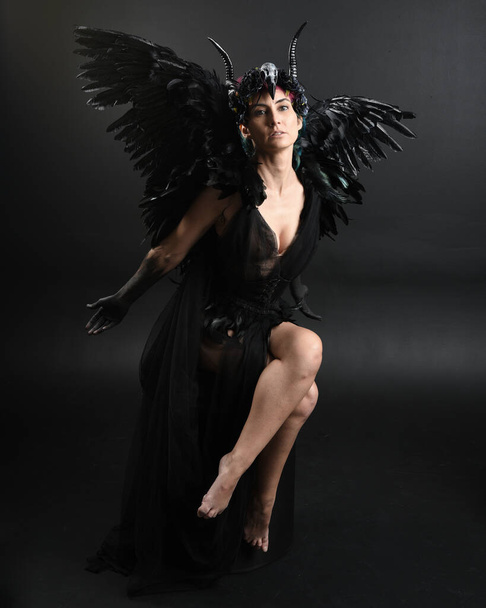 Pełna długość portret modelki w gotyckim rogaty nakrycie głowy z halloween czarna sukienka, fantasy anioł skrzydła pióro. Przyczajona pozycja. Odizolowane ciemne tło studia, kinowe sylwetki cieni  - Zdjęcie, obraz