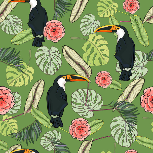 Tropical leaves and toucan seamless illustration. Exotic birds and the jungle. Fashionable pattern. Print for wrapping paper. textiles, preparation for designers - Vector, Image