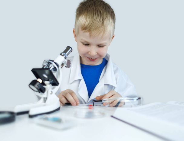 Child chemist. Teacher shows a visual experiment. A science mentor teaches an experimental approach. Microscope, petri dish, pipettes, books. Practical work in chemistry or physics. Laboratory work - Photo, Image