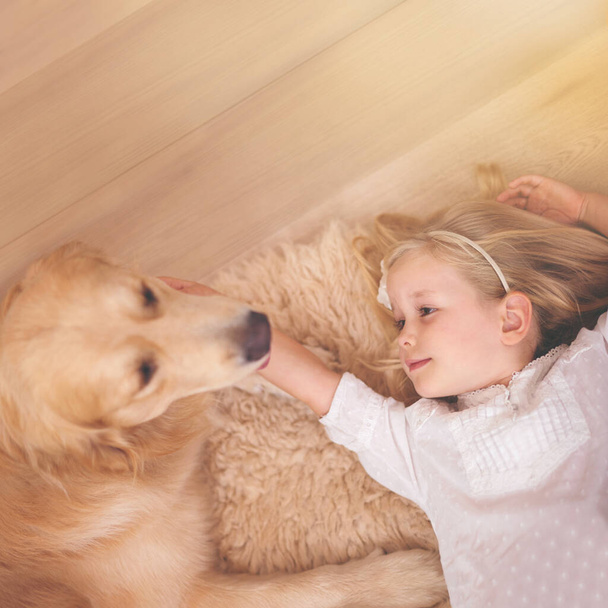 Mädchen, Hund und entspannen gemeinsam für Bindung, Pflege und Haustier zur Unterstützung auf dem Boden des Wohnzimmers zu Hause. Kind, Golden Retriever und Streichelwelpe auf Attrappe, Draufsicht und Begleiter in der Kindheit. - Foto, Bild