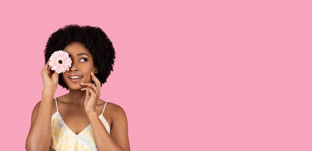 Leikkisä tuhatvuotinen afroamerikkalainen nainen, jolla on luonnollinen kampaus, jolla on vaaleanpunainen gerbera toisella silmällä ja hymyillen, luoden oikullisen hetken vaaleanpunaisella taustalla, studio, panoraama - Valokuva, kuva