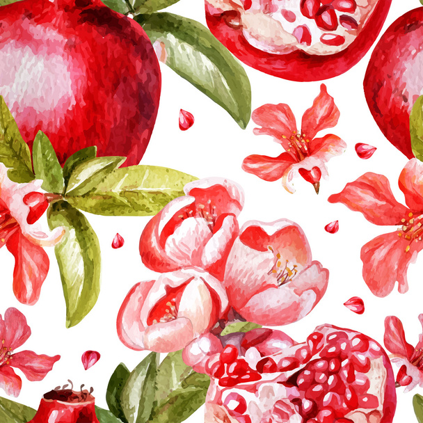 Beautiful watercolor pattern with fruits and flowers of pomegranate - Vector, Image