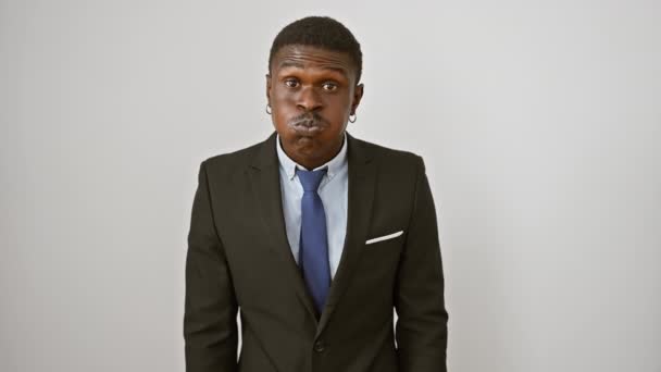 Crazy expression from handsome african american man in a suit making funny face, puffing cheeks with air. isolated on white background, this guy's amusing grimace lights up the room! - Footage, Video