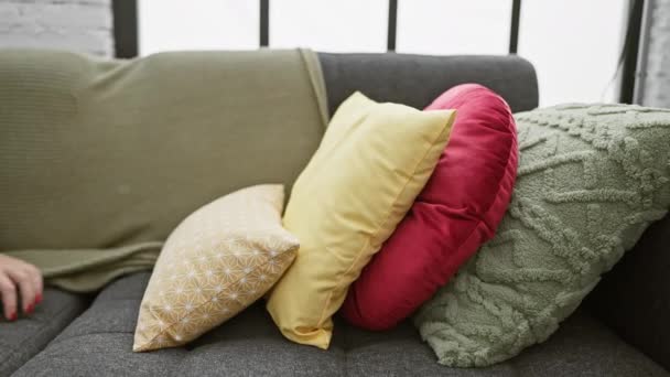 Eine junge Frau ruht friedlich auf einem bequemen Sofa in einem gemütlichen Wohnzimmer und weckt ein Gefühl der Entspannung und häuslichen Ruhe.. - Filmmaterial, Video