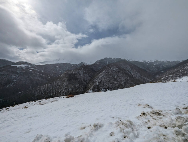 冬のパノラマ:非常に曇った空と寒い冬の日に地平線に雪がたくさん降る山のパノラマビュー - 写真・画像