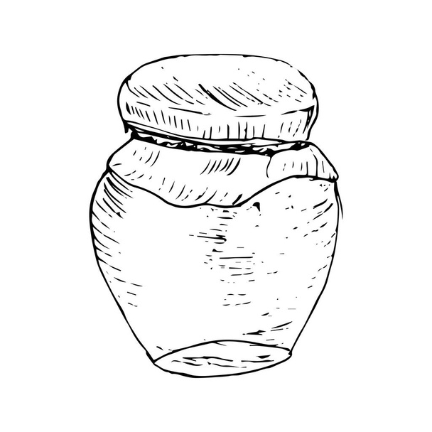 Hand drawn sketch of honey jar outline icon. Vector illustration can used for wrapping paper, textile, food label, print for organic honey products.  - Vector, Image