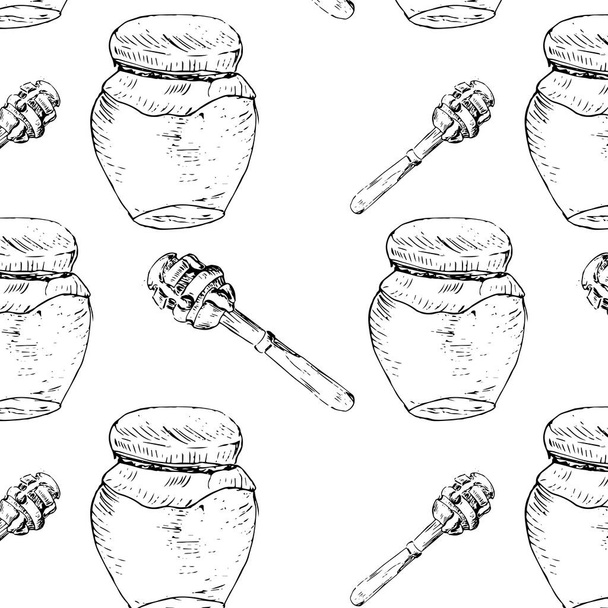 Esboço desenhado à mão de pote de mel e padrão de colher. Ilustração vetorial pode ser usada para embrulhar papel, têxtil, etiqueta de alimentos, impressão para produtos de mel orgânicos.  - Vetor, Imagem