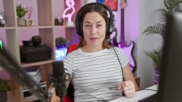 Уверенная женщина в наушниках с микрофоном разговаривает во время трансляции в красочной игровой комнате настройки - Кадры, видео