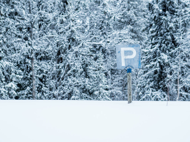 駐車標識は,白雪と裸の木の冬の風景に囲まれた広大な雪原の真ん中に顕著に立っています. - 写真・画像