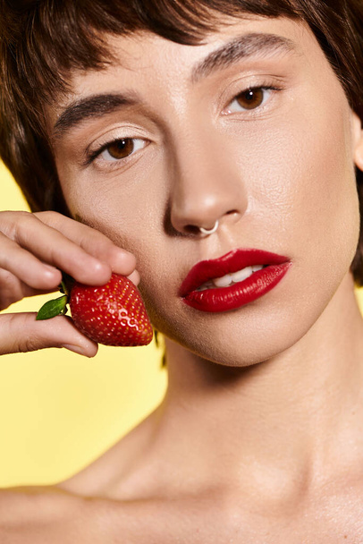 A young woman delicately holds a vibrant strawberry in her hand. - Photo, Image