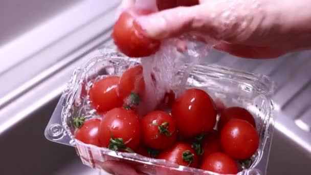 mulher mãos lavar tomates cereja na pia de cozinha close-up - Filmagem, Vídeo