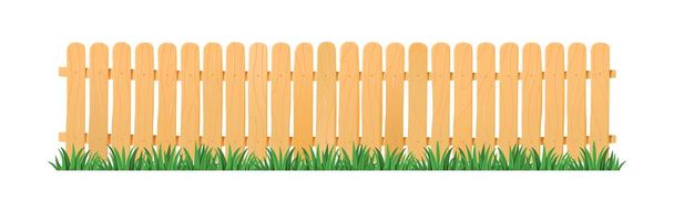 Drewniane ogrodzenie z bujną zieloną trawą. Wektor Ilustracja bariery ze świeżym trawnikiem. - Wektor, obraz