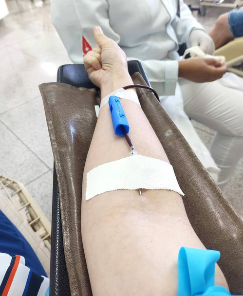White person's arm with a needle gently piercing the skin during the act of blood donation as a volunteer in humanitarian aid. A simple act of generosity that saves lifes. - Photo, Image