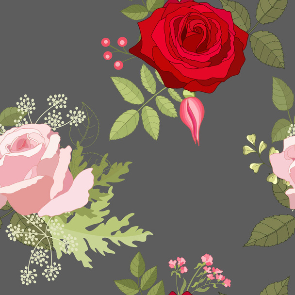 Seamless pattern with pink roses. Flower background. Endless texture for your design, greeting cards, announcements, posters. Natural vector illustration for textile print, wallpaper. Red.  - Vector, Image