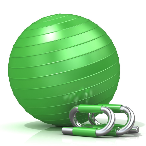 Green fitness ball and push-up bars, isolated on white - Foto, afbeelding