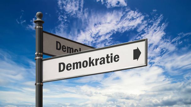 a imagem mostra um sinalizador e um sinal que aponta na direção da democracia em alemão. - Foto, Imagem