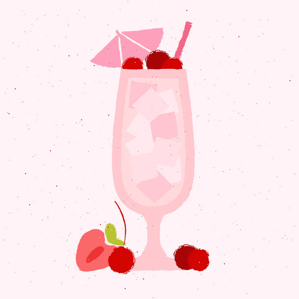 Różowy koktajl z jagodami, wiśniami, truskawkami i parasolem. Pina colada w szkle huraganowym. Koktajl. Alkohol do baru. Napoje bezalkoholowe. Ilustracja wektora płaskiego z teksturą - Wektor, obraz