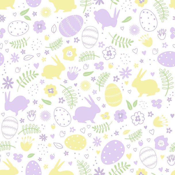 Pasen Naadloos patroon met paashaas, eieren, bloemen, harten, bladeren. Gelukkig Pasen abstract ontwerp. Vector illustratie op witte achtergrond - Vector, afbeelding