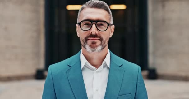 Face, ceo and happy businessman in city for work, career or job of manager in urban town in Canada. Portrait, outdoor and smile of mature professional, entrepreneur and laughing salesman in glasses. - Footage, Video