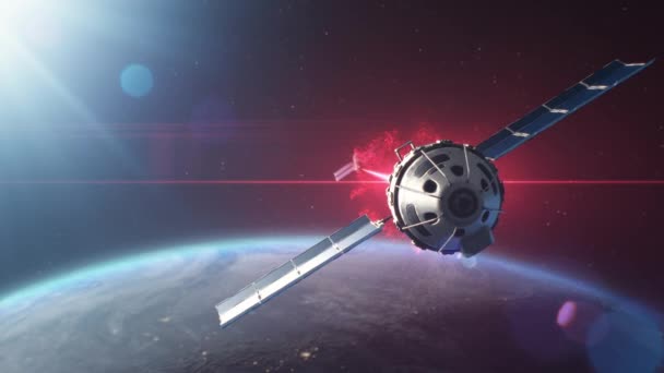 Grafika 3D VFX satelity atakującego innego satelitę z bronią laserową w kosmosie na orbicie planety Ziemi. Wojna nuklearna i zbrojna agresja. Eskalacja rywalizacji geopolitycznej i wyścigu zbrojeń w kosmosie. - Materiał filmowy, wideo