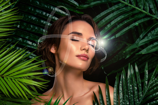Kreative Metapher Collage der jungen Dame haben Gesichtserkennung zu neuen virtuellen Spiel mit Tropenwald Hintergrund. - Foto, Bild