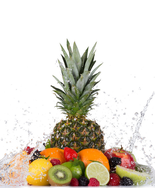 Mix of fruits with water splashes on white - Photo, Image