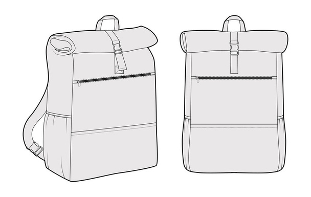 Everyday Expandable backpack silhouette bag. Fashion accessory technical illustration. Vector schoolbag front 3-4 view for Men, women, unisex style, flat handbag CAD mockup sketch outline isolated - Vector, Image