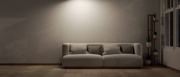 Geceleri modern bir minimalist oturma odasının iç tasarımı parke zemininde beyaz bir kanepe pencere kenarında bir kaktüs rafı, beyaz bir duvar ve loş bir ışık. 3d görüntüleme, 3d illüstrasyon - Fotoğraf, Görsel