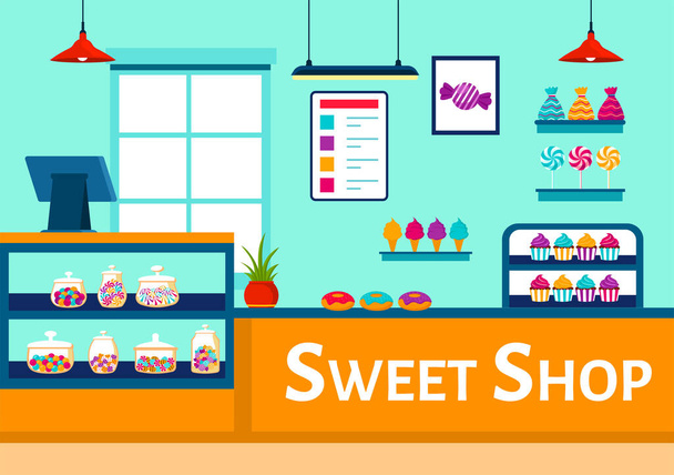 Sweet Shop Ilustración de vectores con la venta de varios productos de panadería, magdalenas, pasteles, pasteles o dulces en dibujos animados planos de diseño de fondo - Vector, imagen