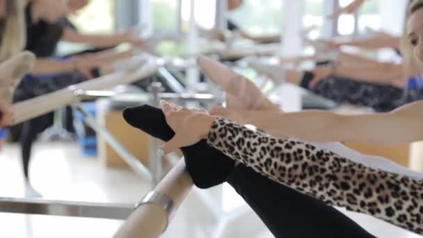A group of women performing ballet-inspired exercises at a Barre in a gym, gracefully moving their thighs and gesturing with elegance. - Footage, Video