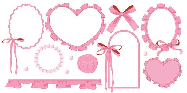 Vector Illustration of pink girly vintage bow and frame ribbon beads and wax seal stamp set. Ribbons isolated. Trendy coquette girls accessories. Vector illustration - Vector, Image