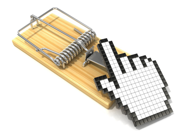 Hand cursor symbol in wooden mousetrap. 3D rendering illustration, isolated on white background. - Foto, Imagem