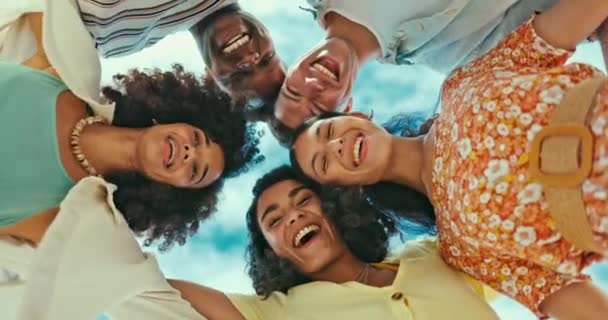 Friends, happy and stand together on vacation for bonding with diversity for support, funny and laugh with embrace. People, memories and summer holiday with bottom view, relax and outdoors for travel. - Filmagem, Vídeo